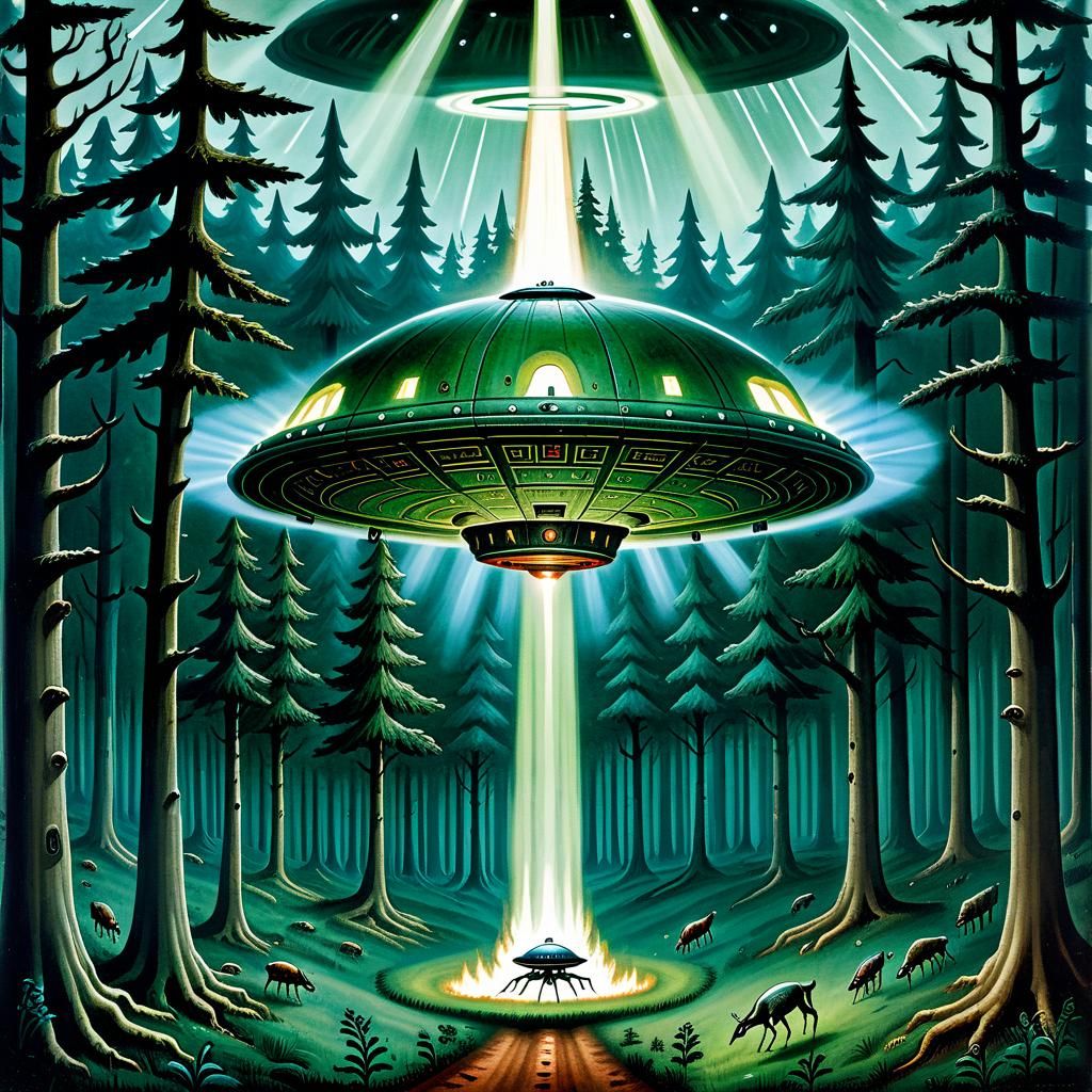 UFO in Forest: Charcoal Bestiary Art