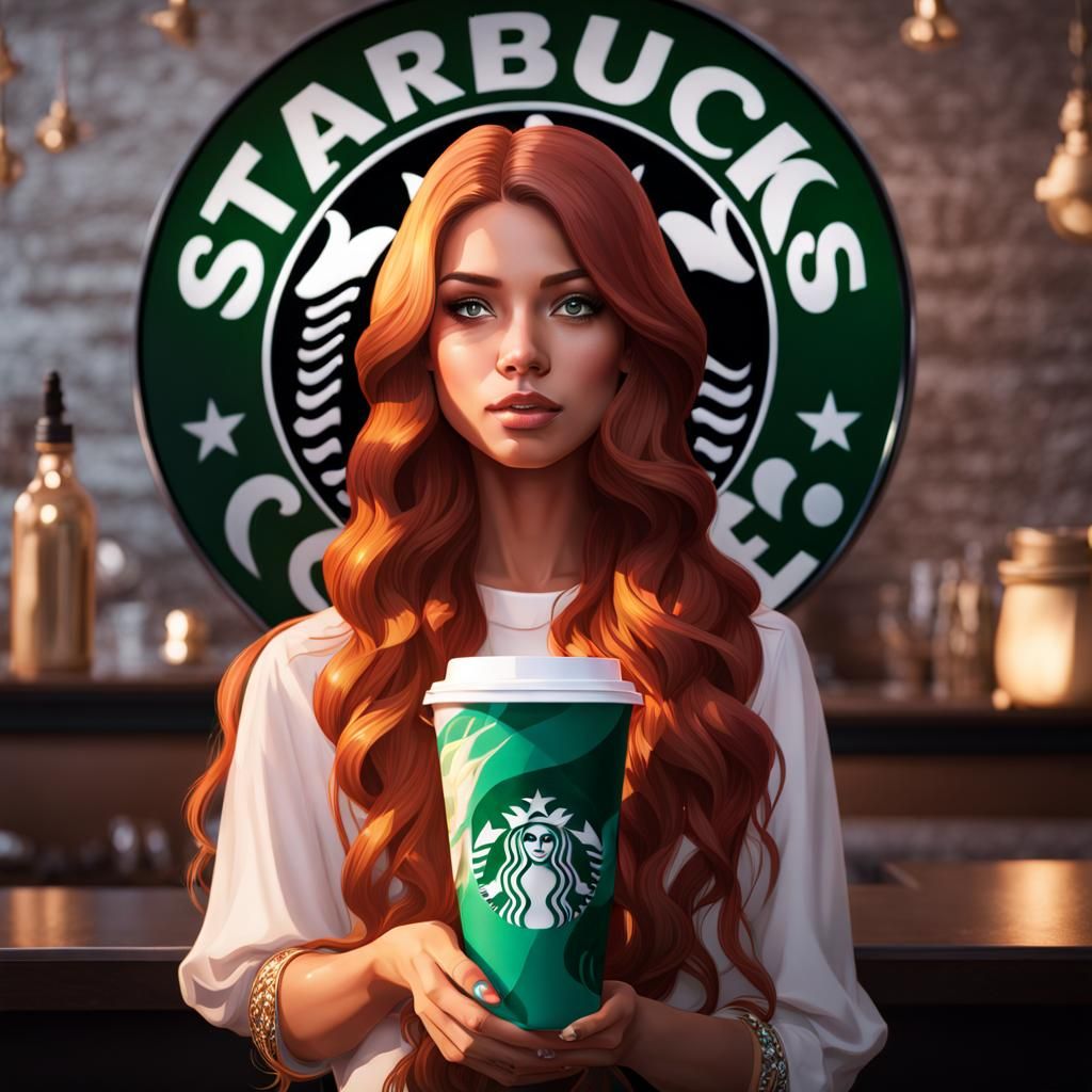 Mermaid Starbucks Cup Portrait in Hyperdetailed Style