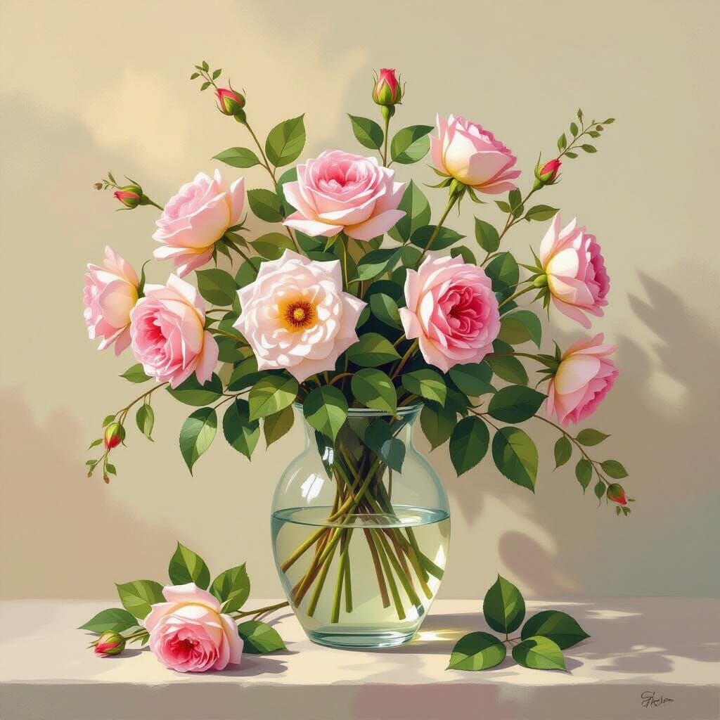 Roses in Glass Vase: Impressionist Still Life