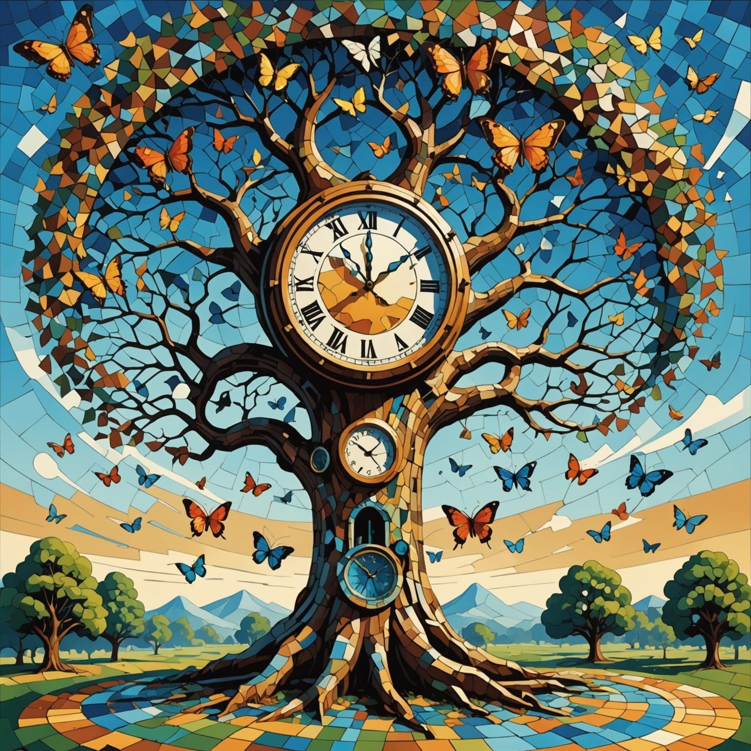 Surreal Dreamscape with Melting Clock and Butterflies