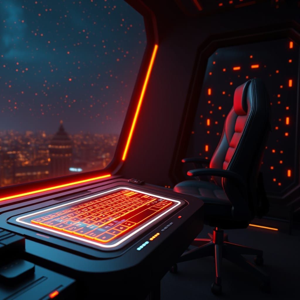 An angled view of a cyberdeck installation with a glowing touchpad keyboard and an office chair. Night sky background, b...