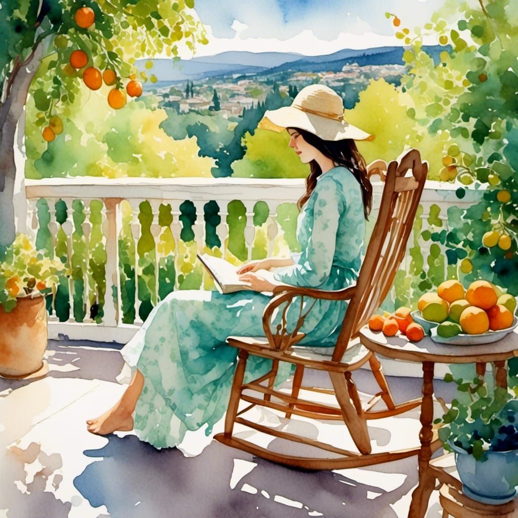 Woman Reading on Terrace in Watercolor Style