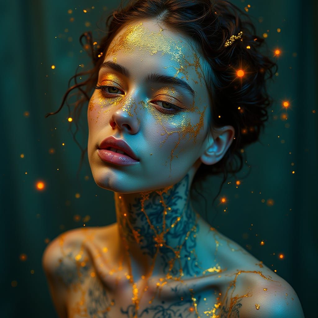 Ethereal Portrait in Neon Colors and Gold