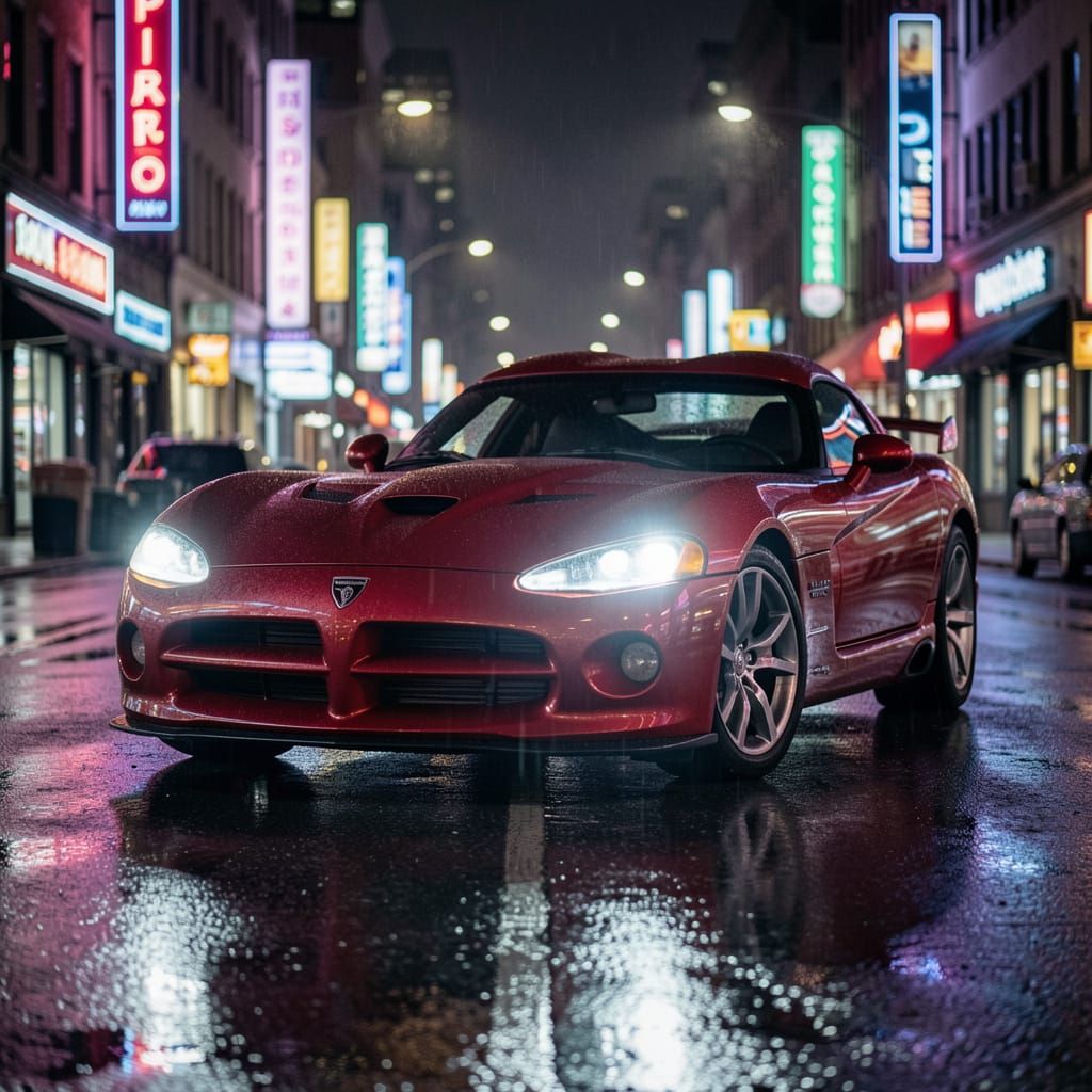 Red Dodge Viper on Wet City Street at Night