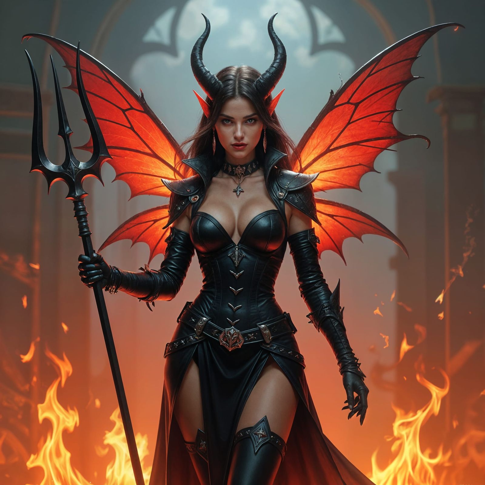 Gorgeous Devil Fairy with Pitchfork and Flames