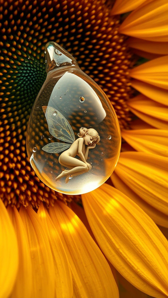 Sunflower with Fairy in Raindrop: Hyperrealistic Digital Art