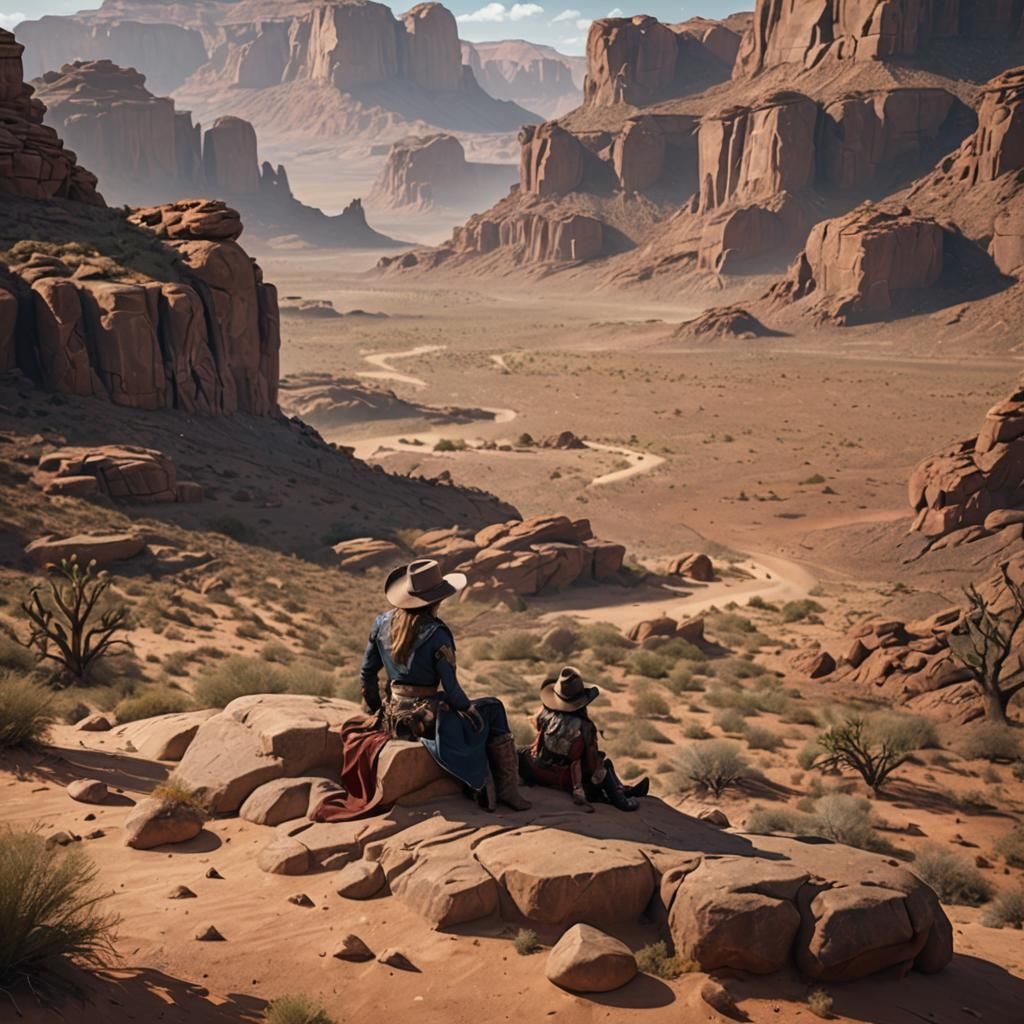 Cowgirls Contemplate Desert Landscape: Detailed Matte Painti...