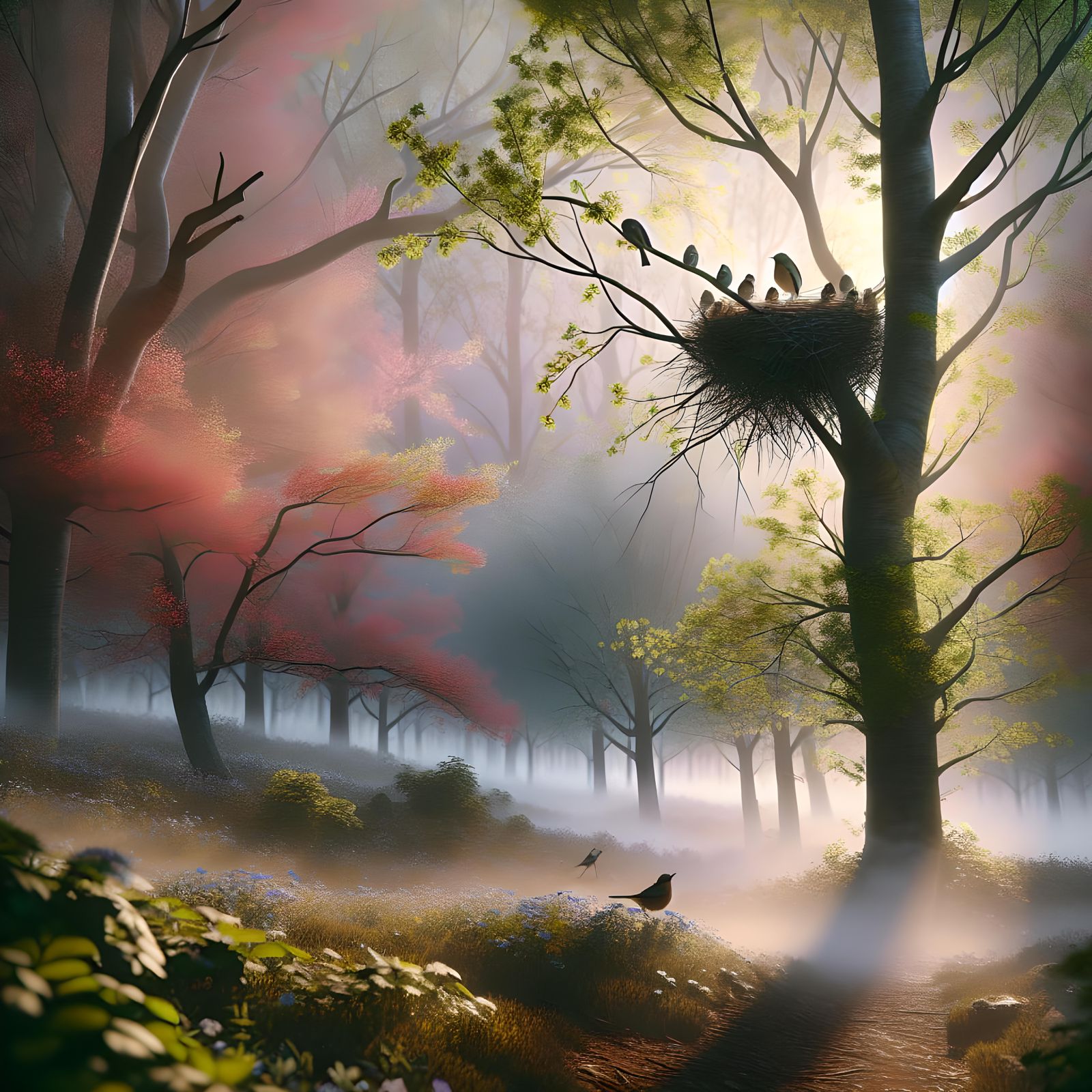 Hyperrealistic Spring Morning Scene with Nesting Birds
