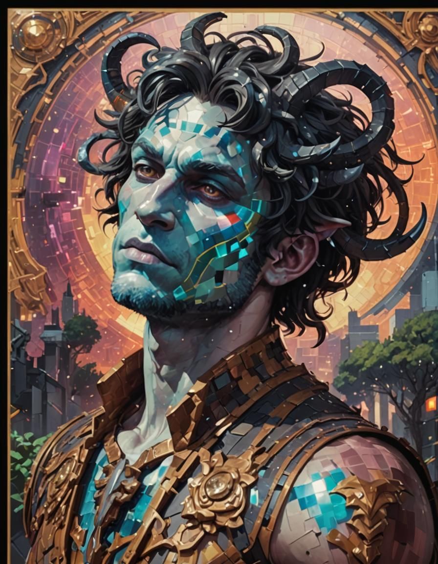 Pixelated Neofuturistic Satyr in Surreal Landscape