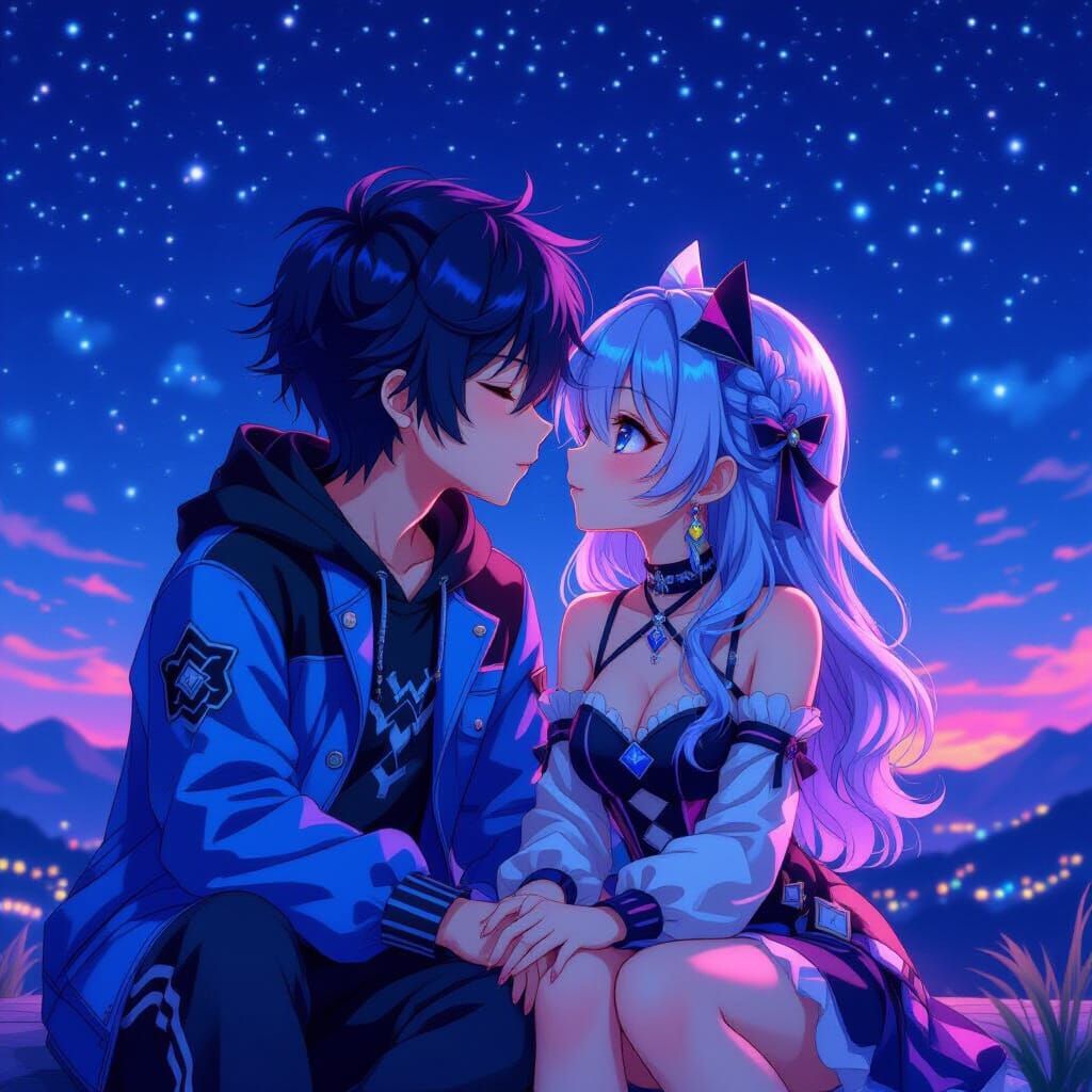 Anime Couple Kissing Under Starry Night Sky