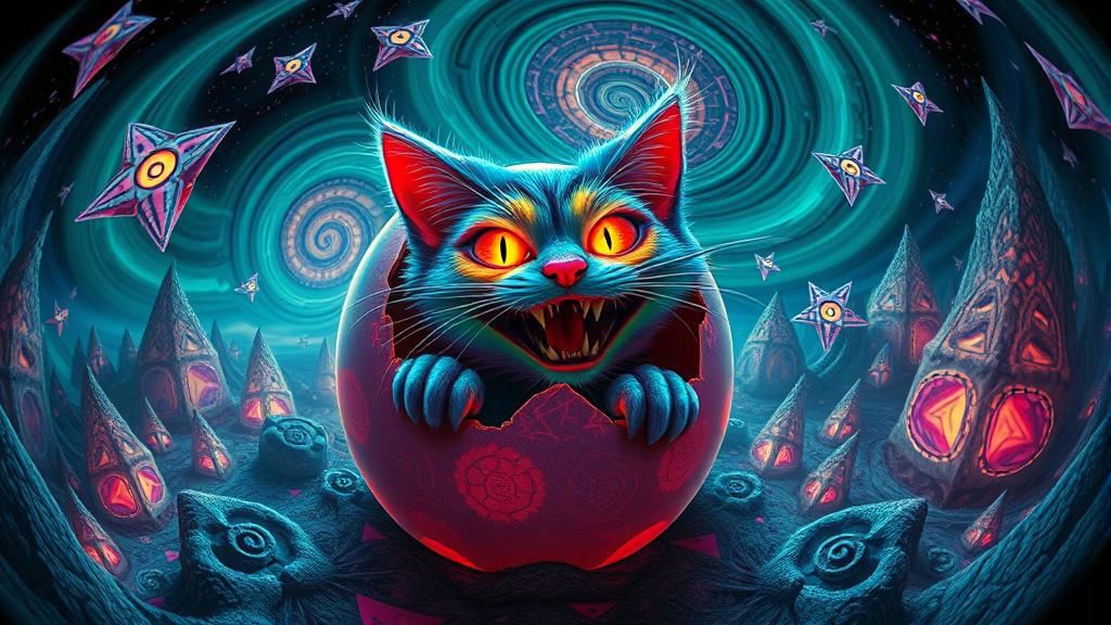 Surreal Cheshire Cat Emerges in Fractal Landscape