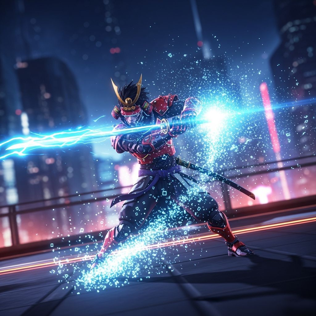 Cybernetic Samurai in Dynamic Anime Art Style