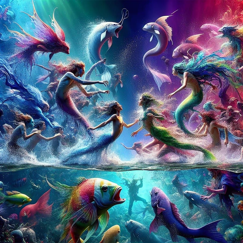 Magical Underwater Dance with Merfolk, Hyperrealistic Splash...