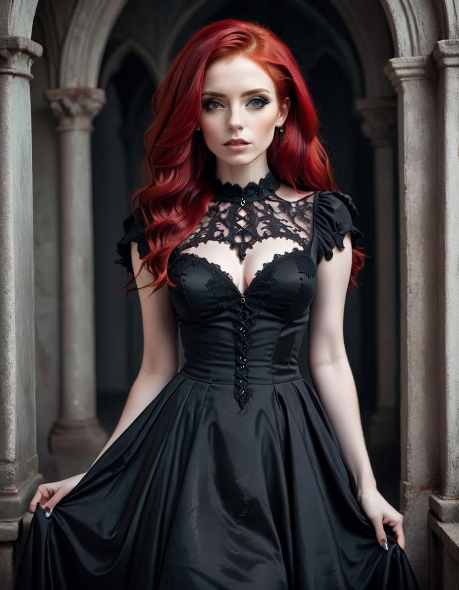Gothic Woman with Red Hair in Black Dress
