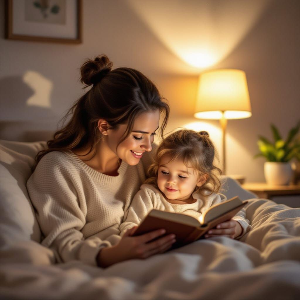 Cozy Mother Daughter Reading Time in Warm Lamp Light