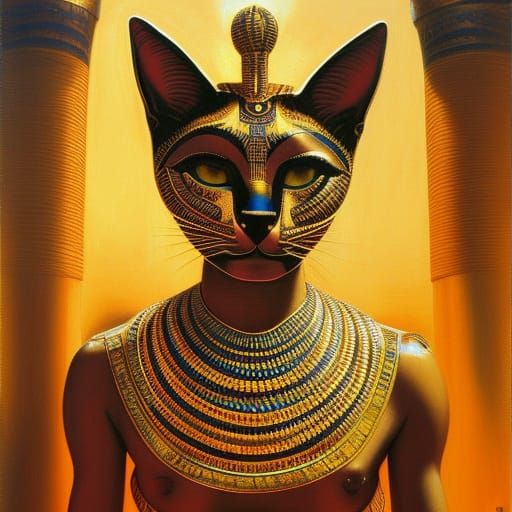 Golden Bastet in Temple, Oil Painting
