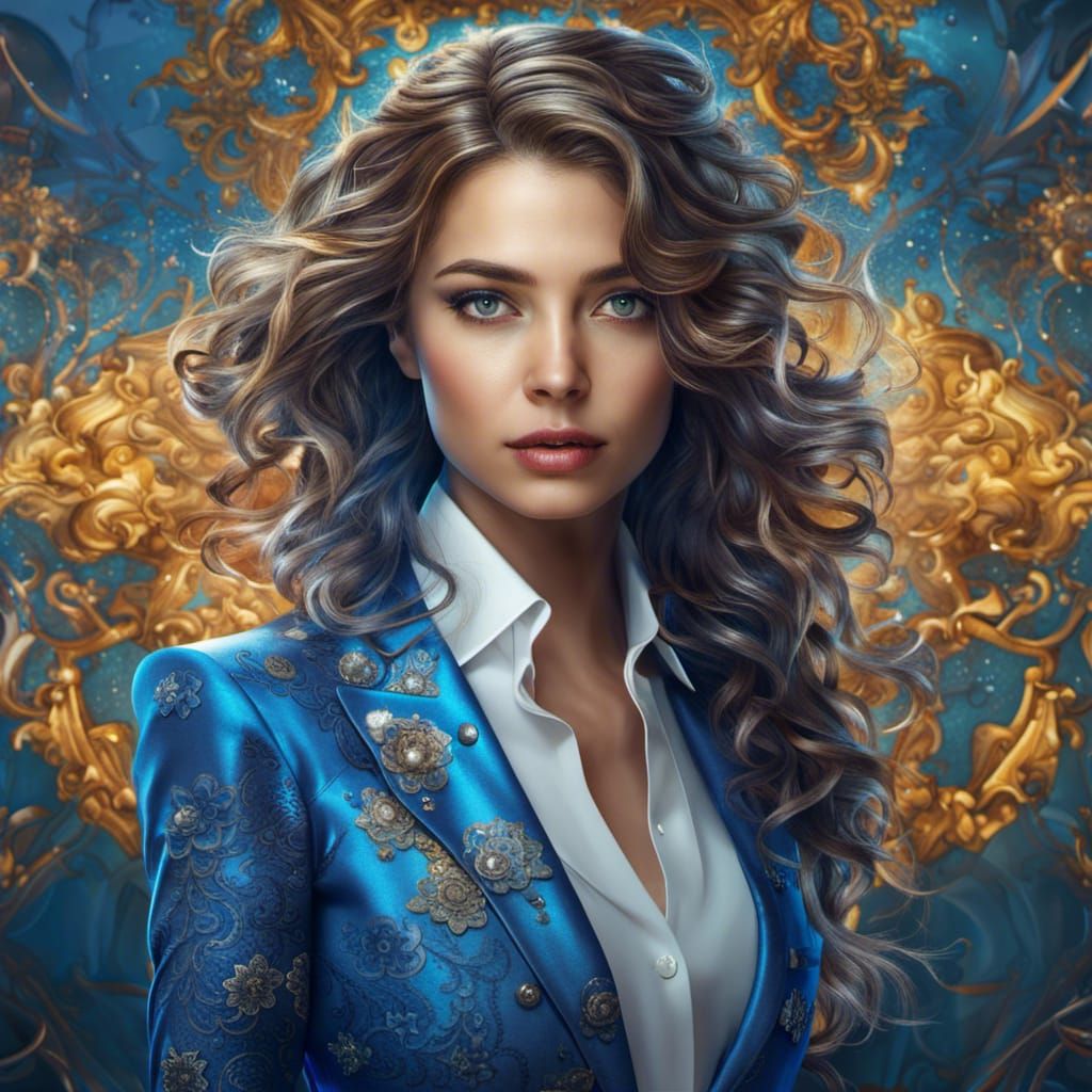 Elegant Woman in Blue Suit: Detailed Fantasy Art