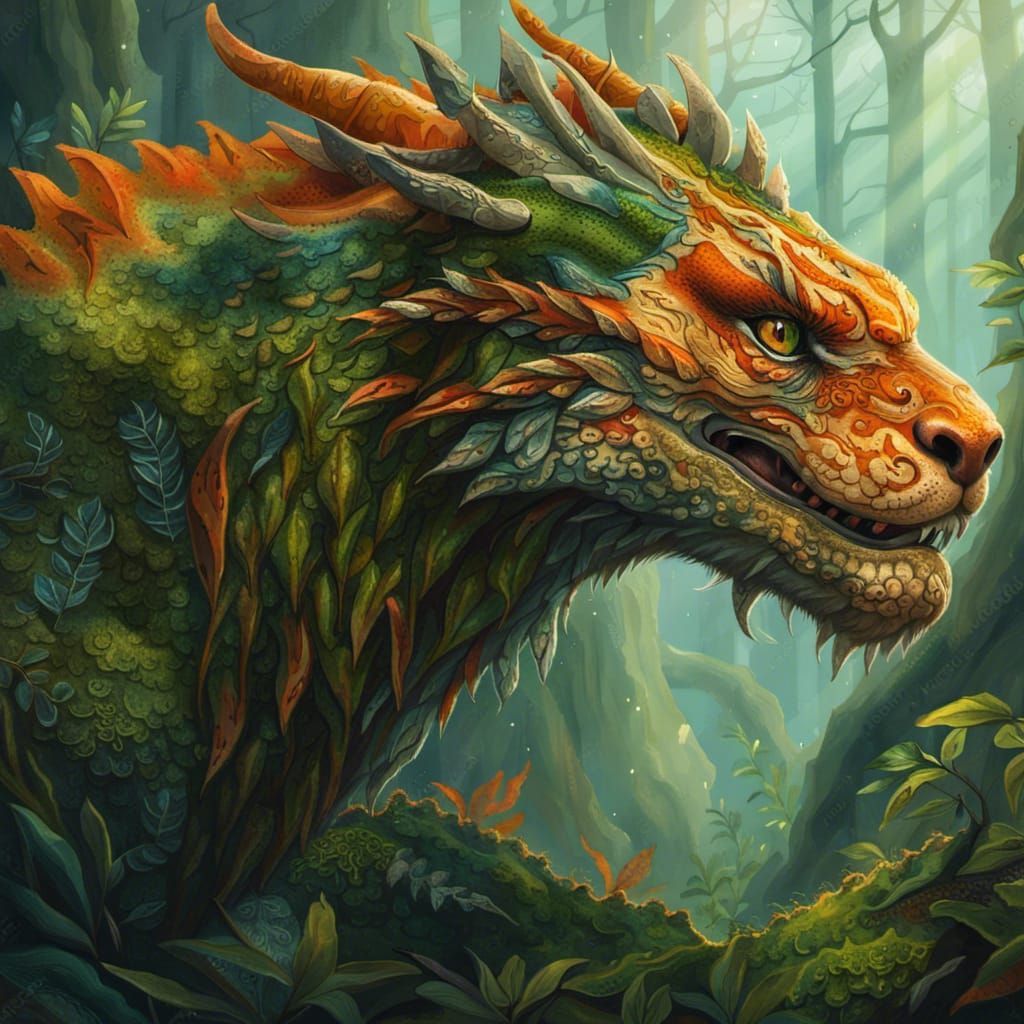 Forest Dragon-Tiger Hybrid Portrait in Fantasy Art Style