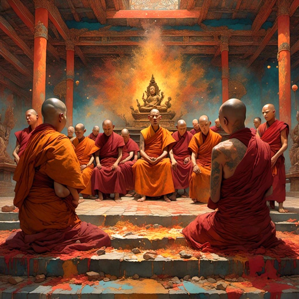 Tibetan Monks Chanting in Ashram: Hyperrealistic Art