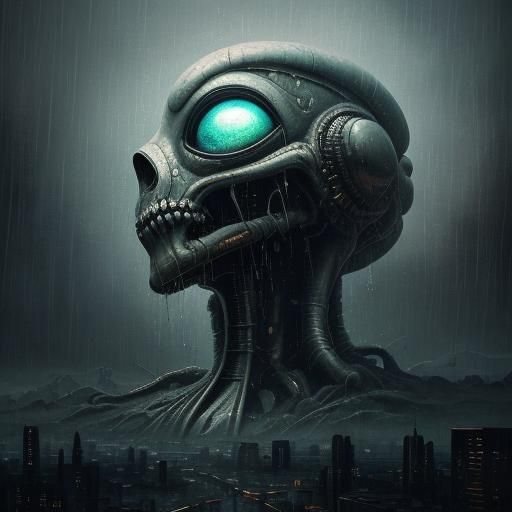 Alien City in Rain: Impasto Oil Painting