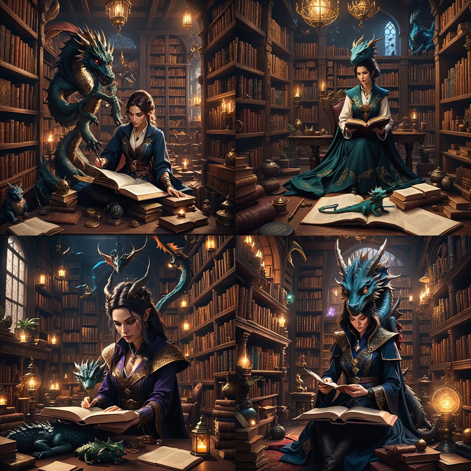 Magician with Dragon in Magical Library