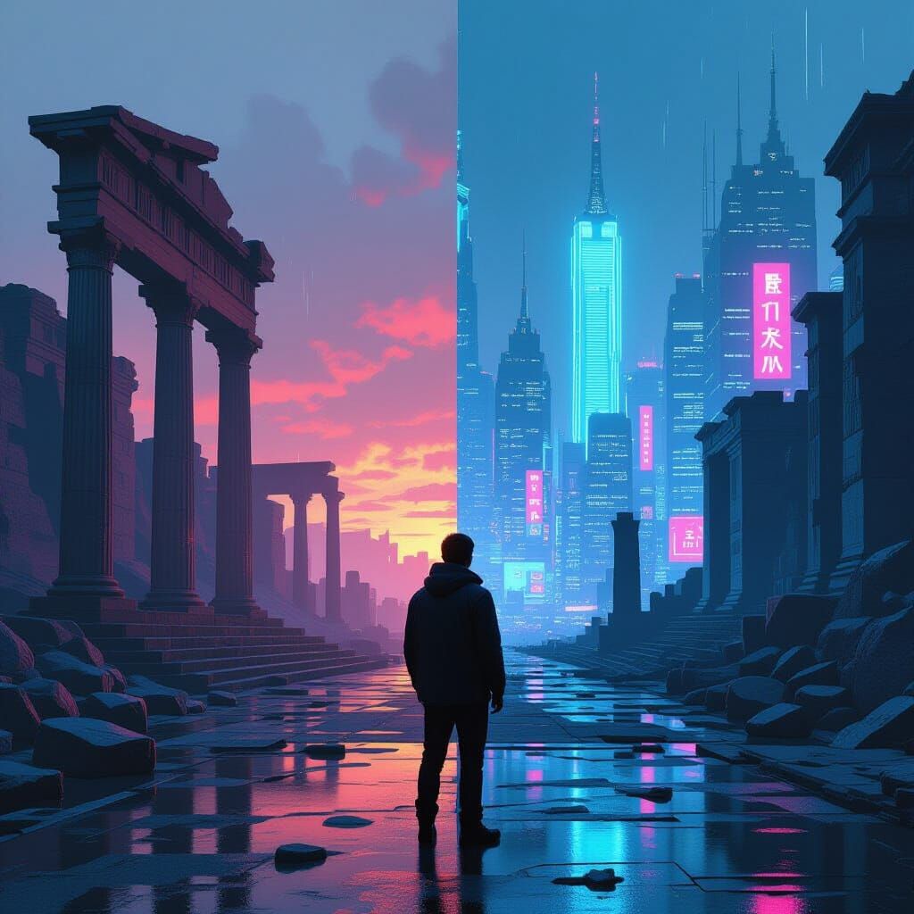 Past and Future Split: Ancient Ruins Meets Neon Cityscape