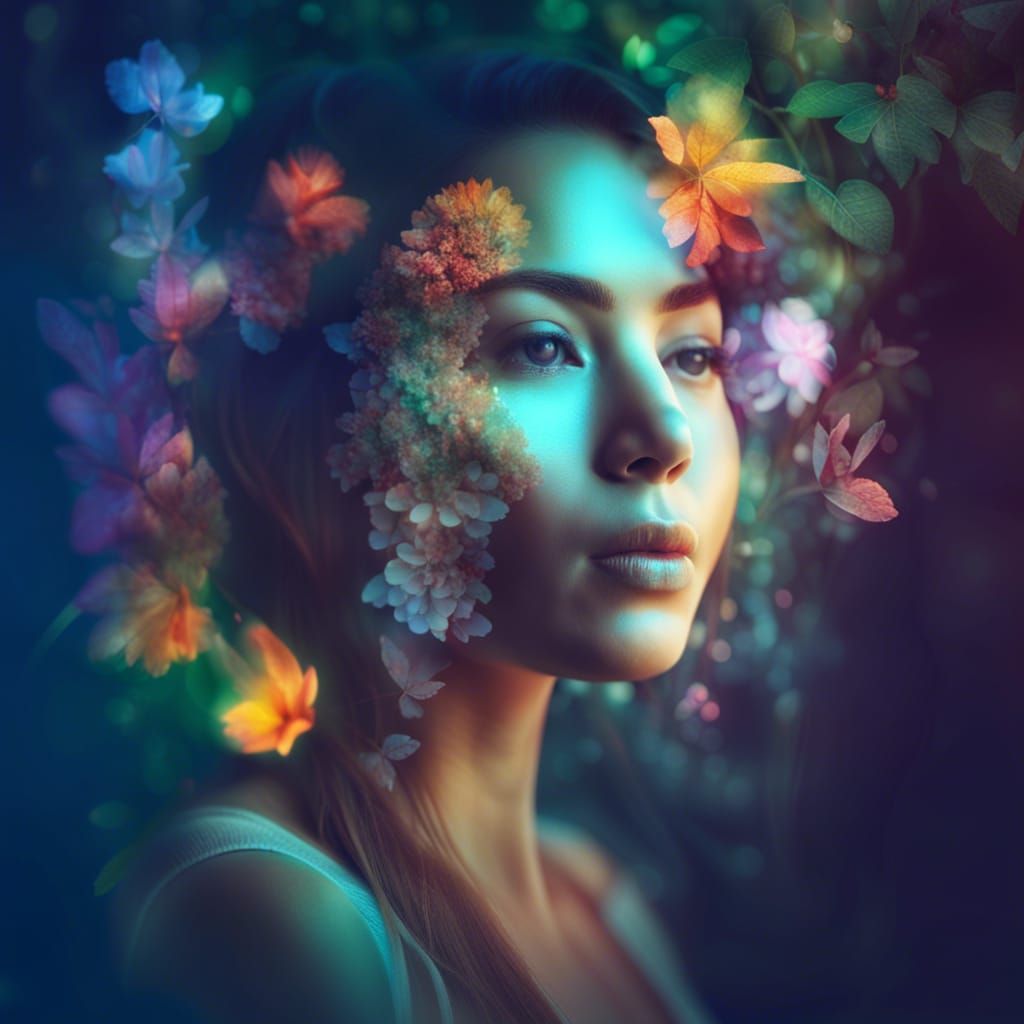 Double Exposure: Woman with Garden, Hyperrealistic Rendering