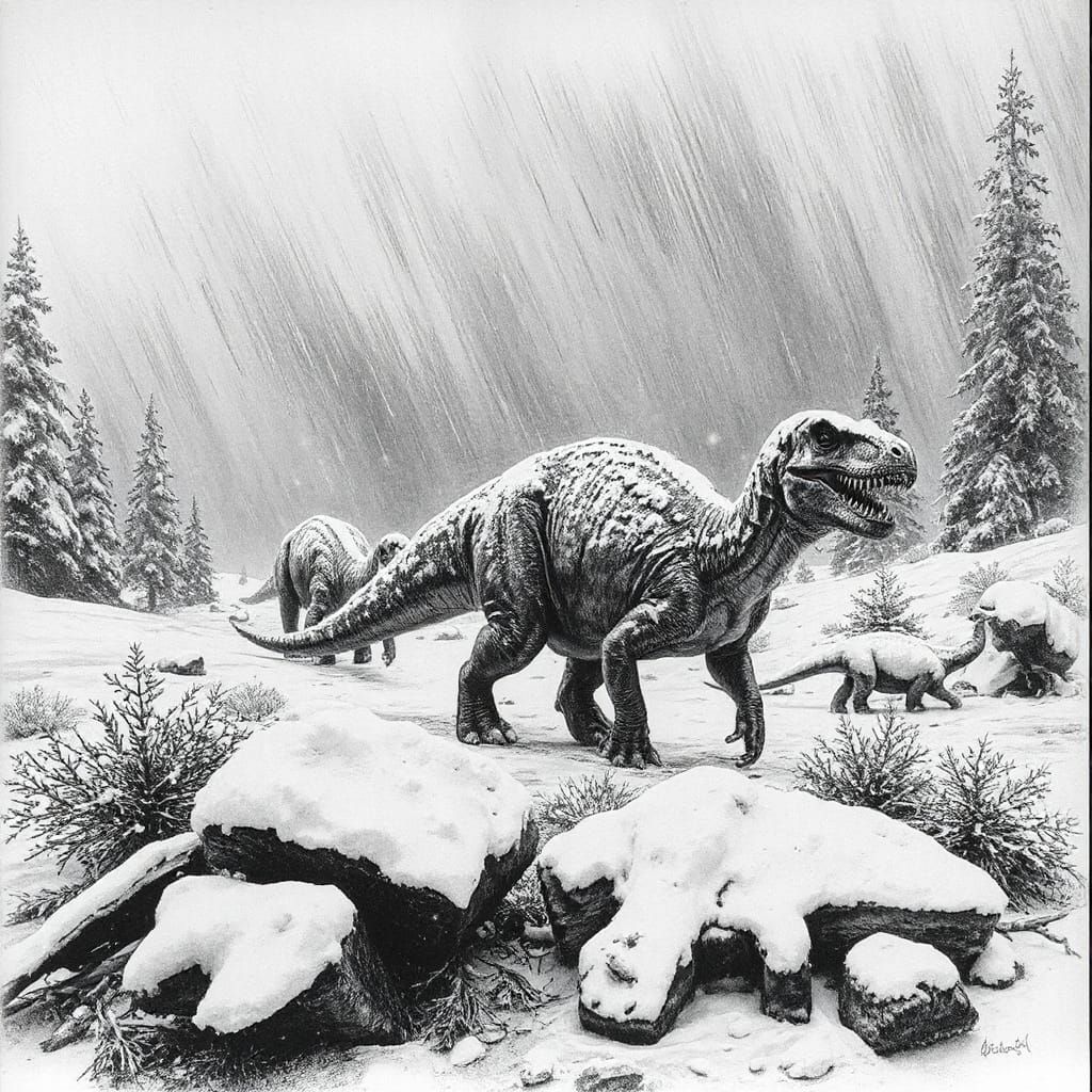 Dinosaurs in Arctic Snowstorm Charcoal Drawing