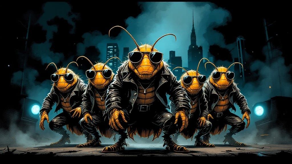 Cockroach Hard Rock Band in Expressive Comic Style