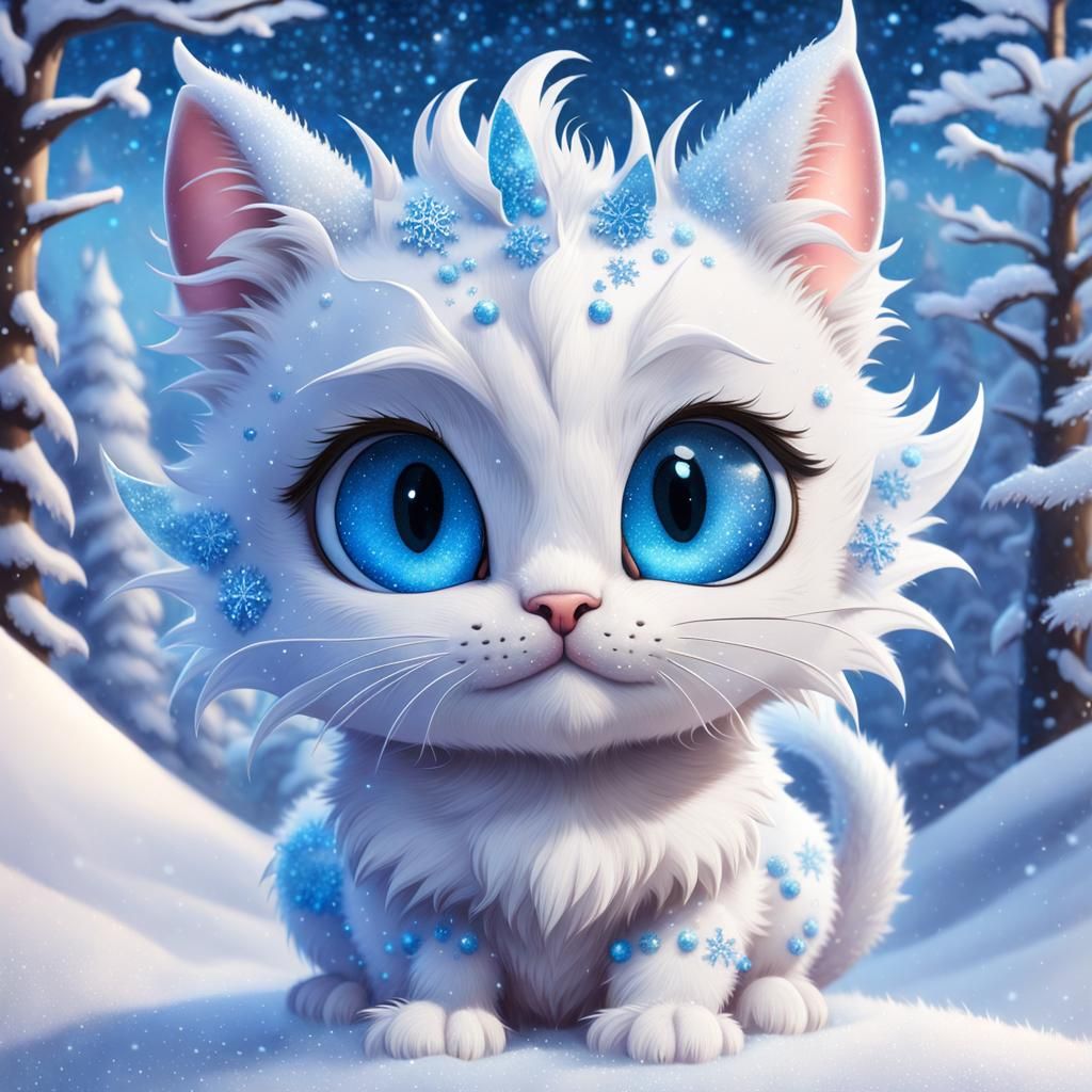 Cute Dragon Cat in Pixar Style, Winter Ambiance
