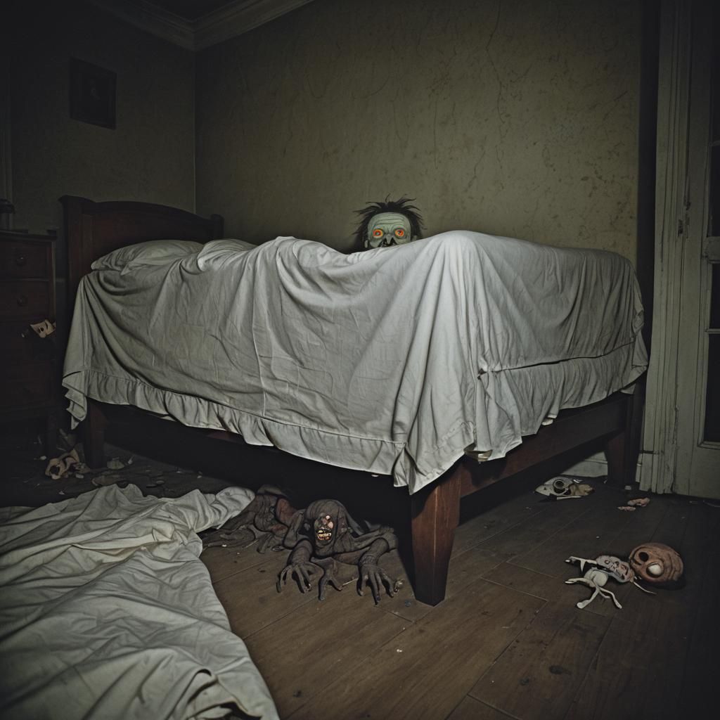 Eerie Monster Peeking from Under Bed: Surreal Dark Fantasy