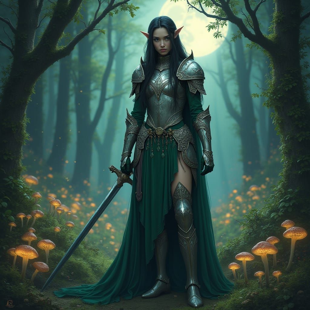 Regal Vanyar Elf Warrior in Moonlit Forest