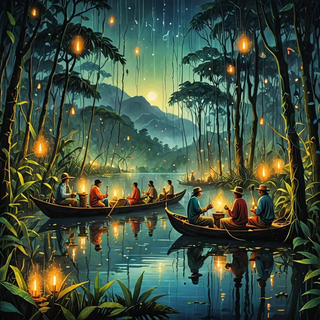 Magical Realism Scene with Spirits and Colombian Landscape