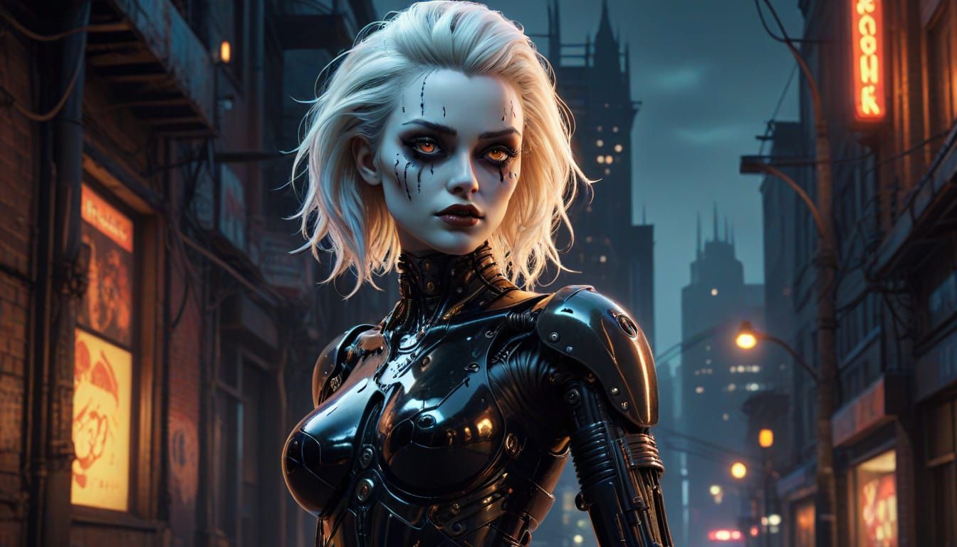 Gynoid Robot in Gothic Pinup Pose with Cyberpunk Cityscape