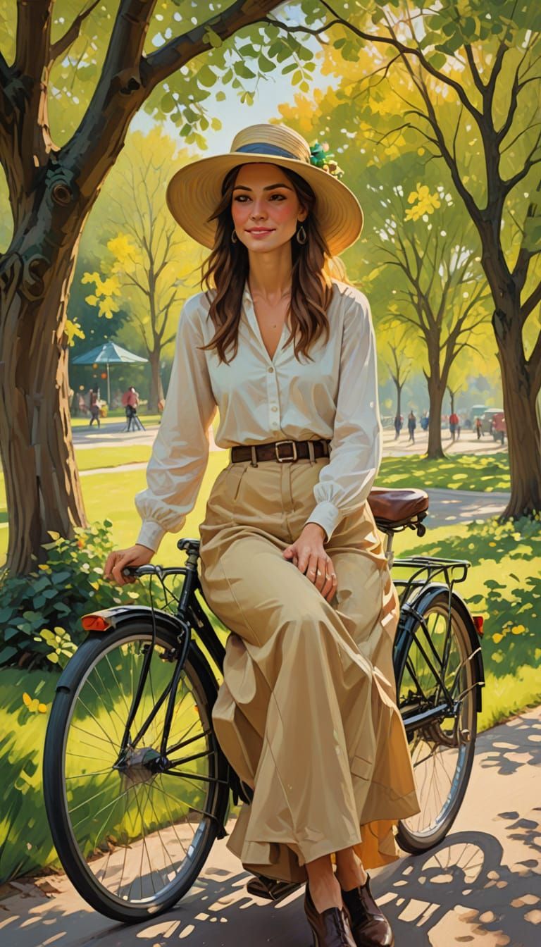 Woman on Bicycle Invites You to a Sunny Park