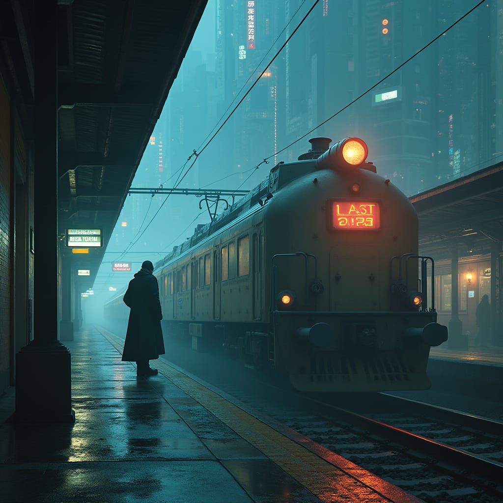 Futuristic Train Departure in Dystopian Cyberpunk