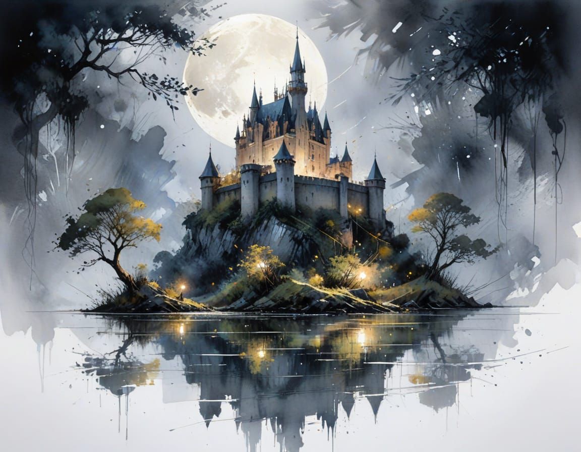 Moonlit Castle on Lake in Watercolour Style