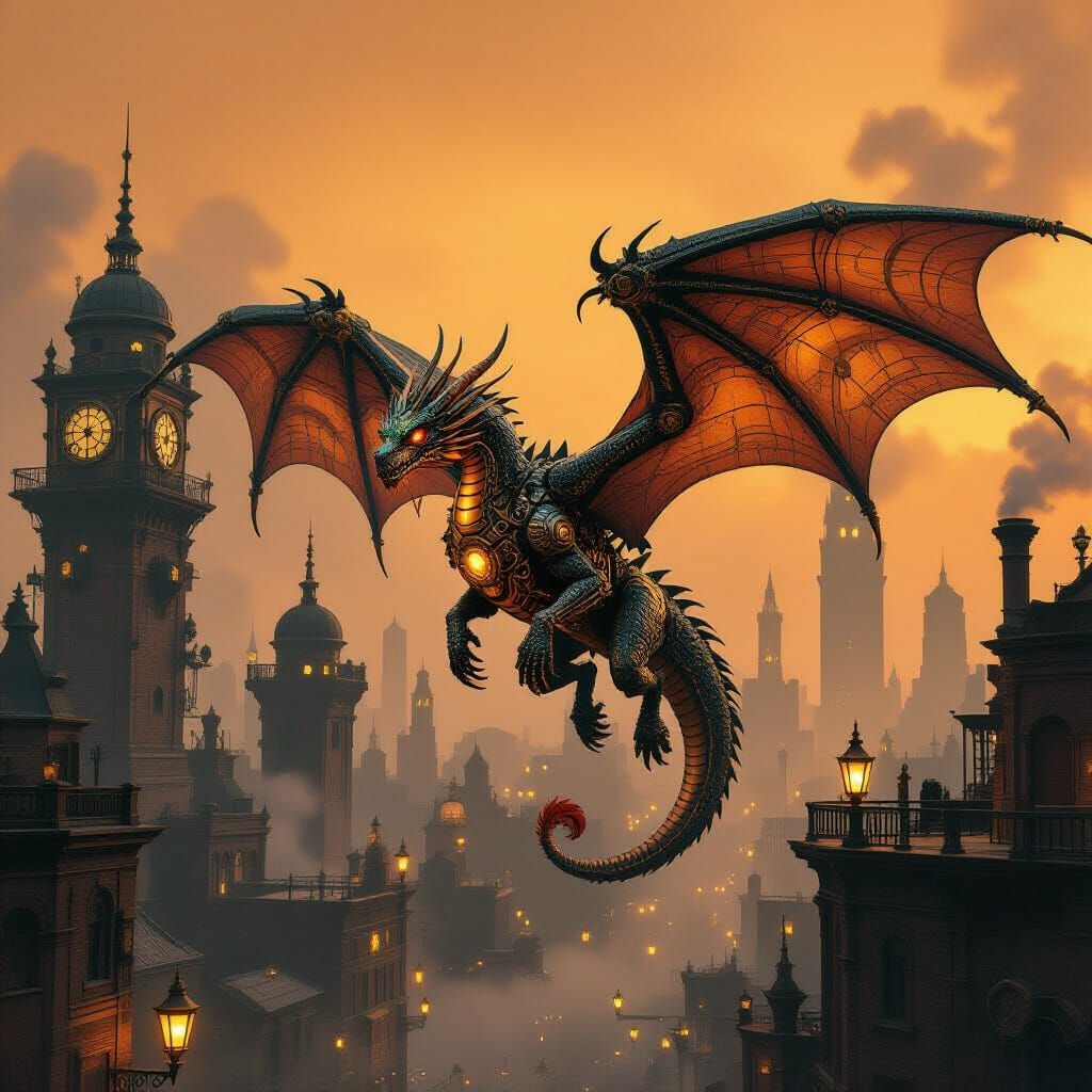 Steampunk Dragon Soars Over Dystopian Cityscape