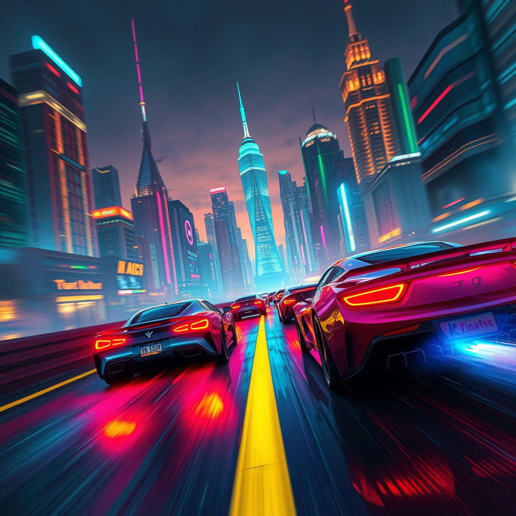Neon Race Cars Speeding Through Cyberpunk Cityscape