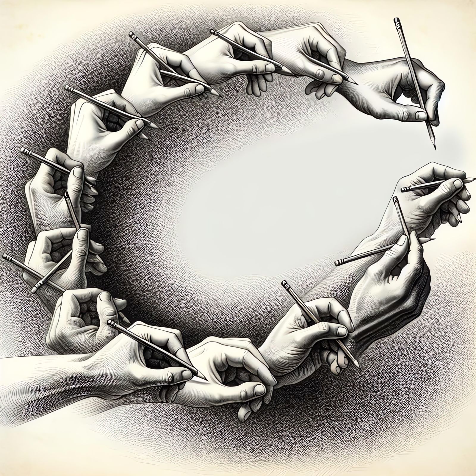 Intricate Chain of Hands Drawing Each Other