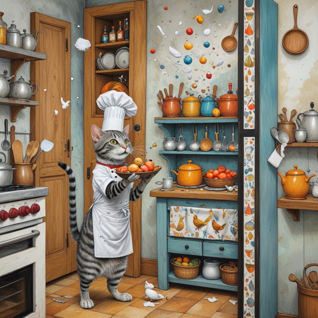 Vibrant Tabby Chef Juggler in Whimsical Kitchen Scene