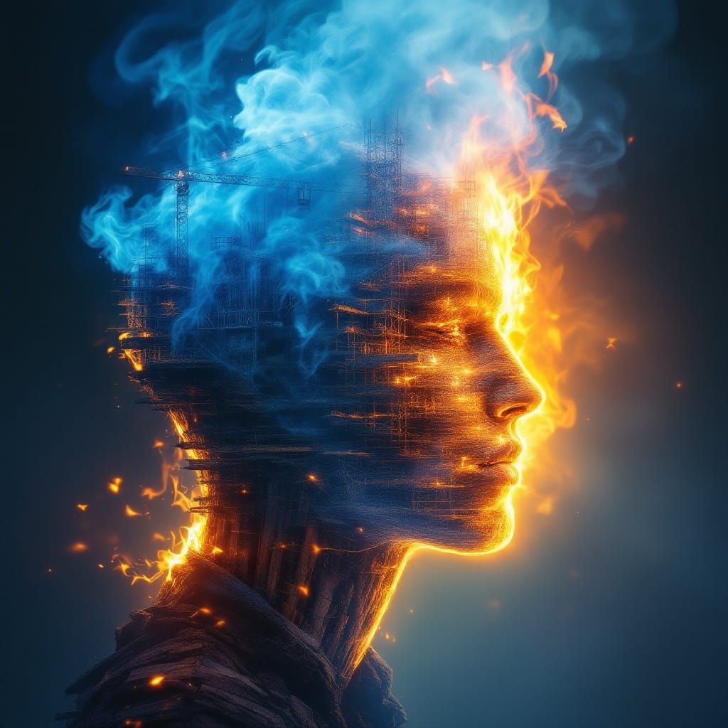 Surreal Burning Construction Head in Dreamscape