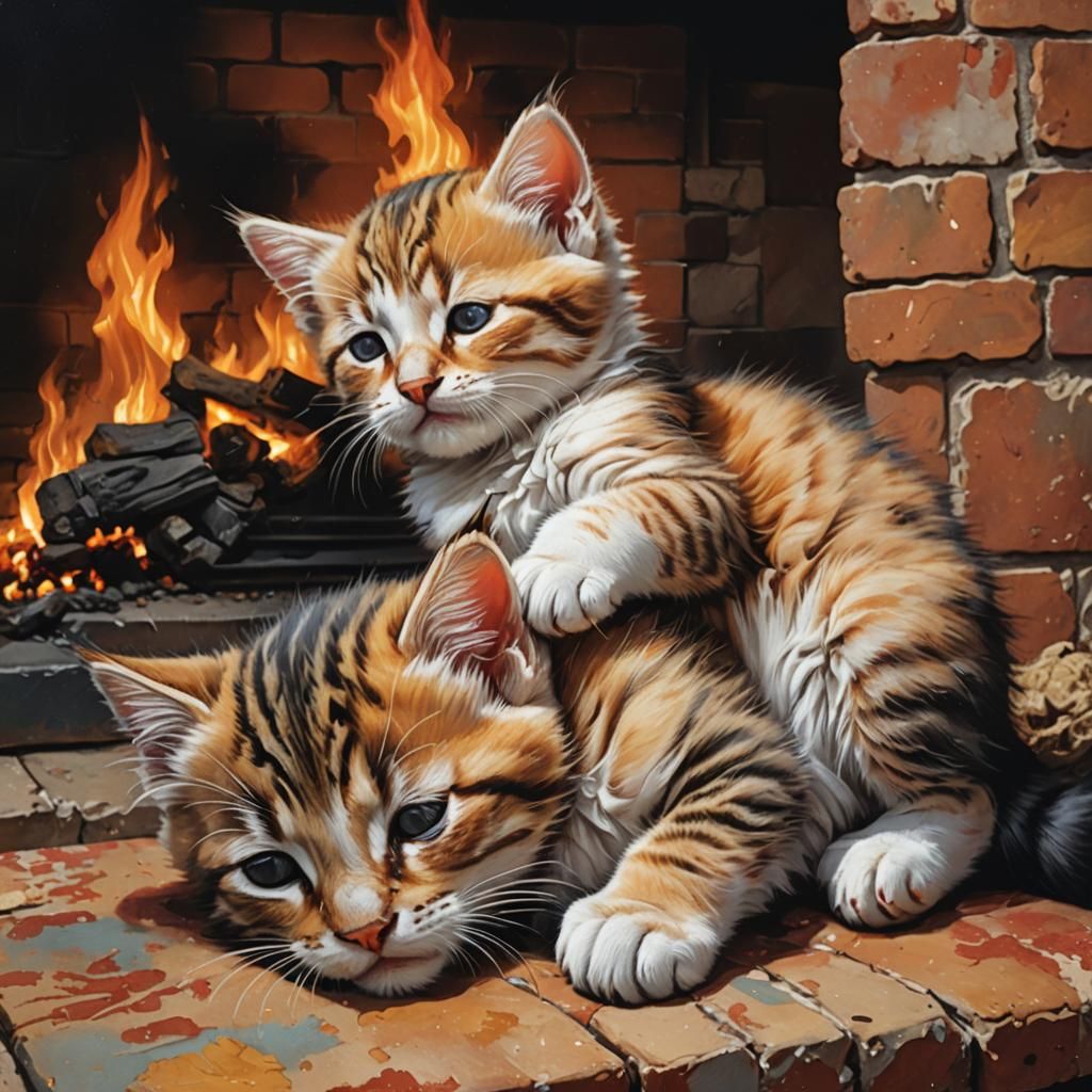 Kittens Sleeping by Fireplace: Hyperrealistic Splash Art