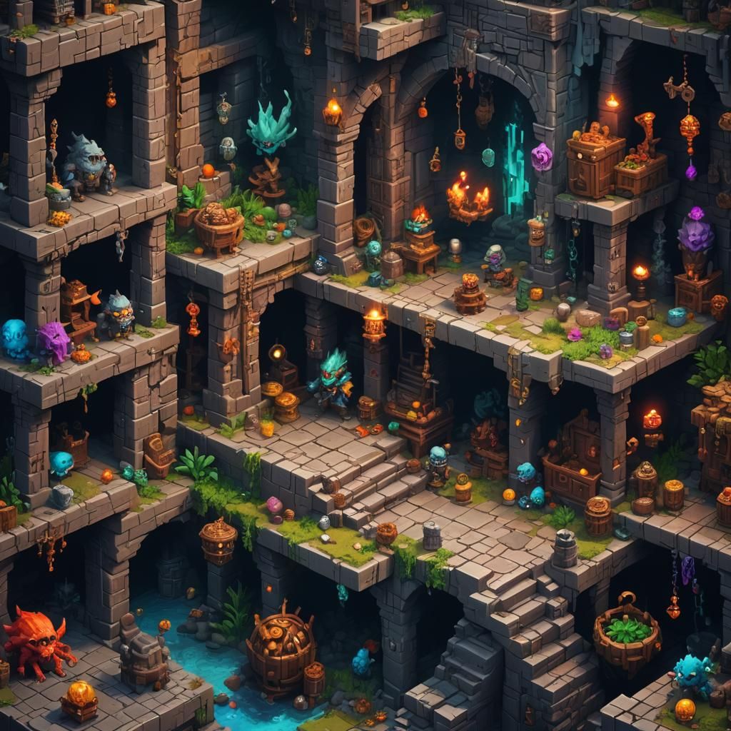 Pixelated dungeon scene with monsters and treasures