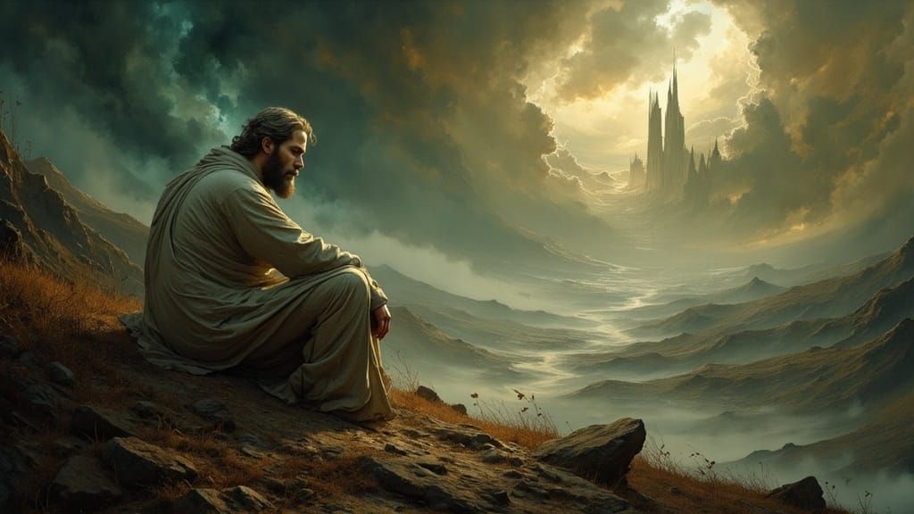 Contemplative Wise Man in Dystopian Landscape Art