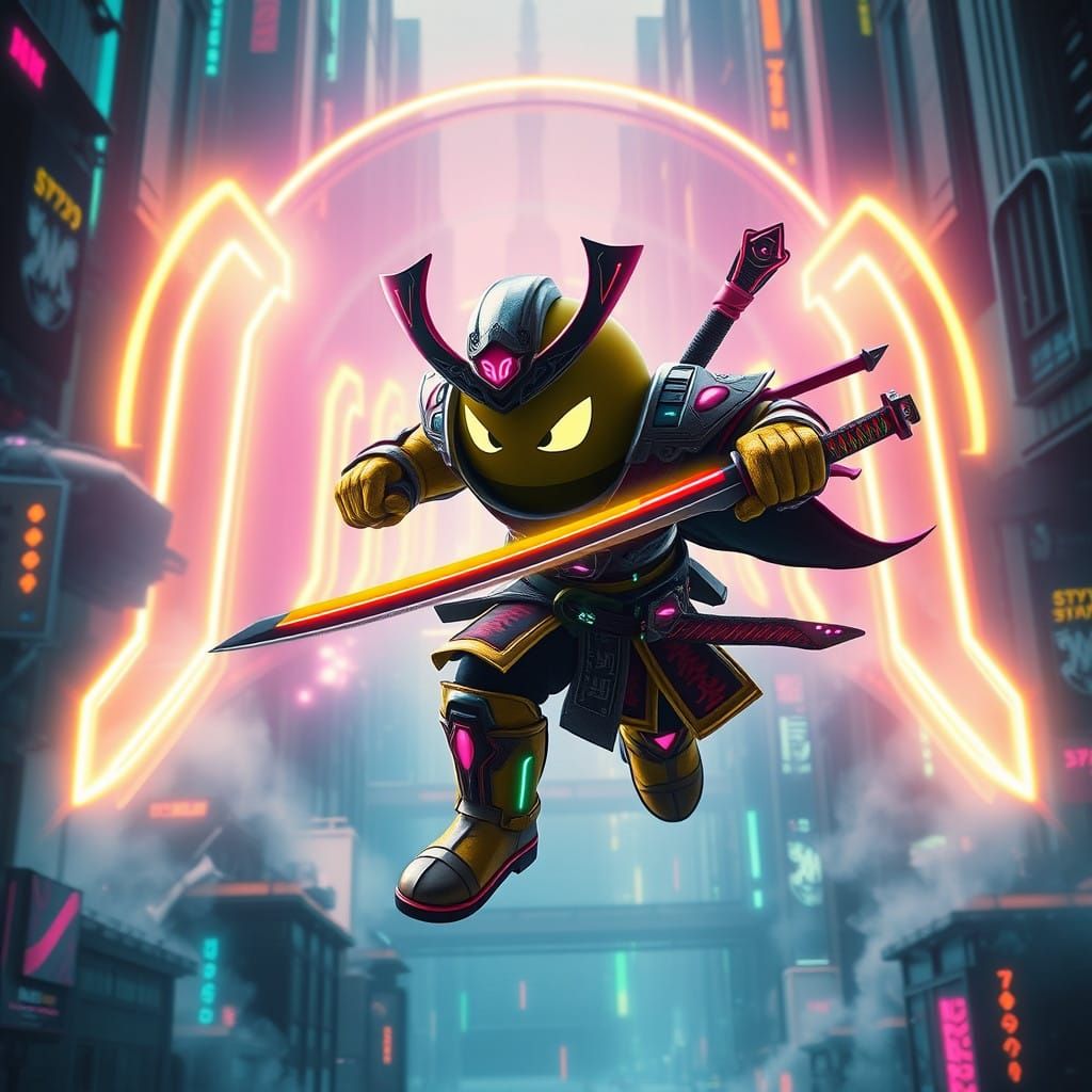 Neon Samurai Pac-Man Dominates Cyberpunk Cityscape