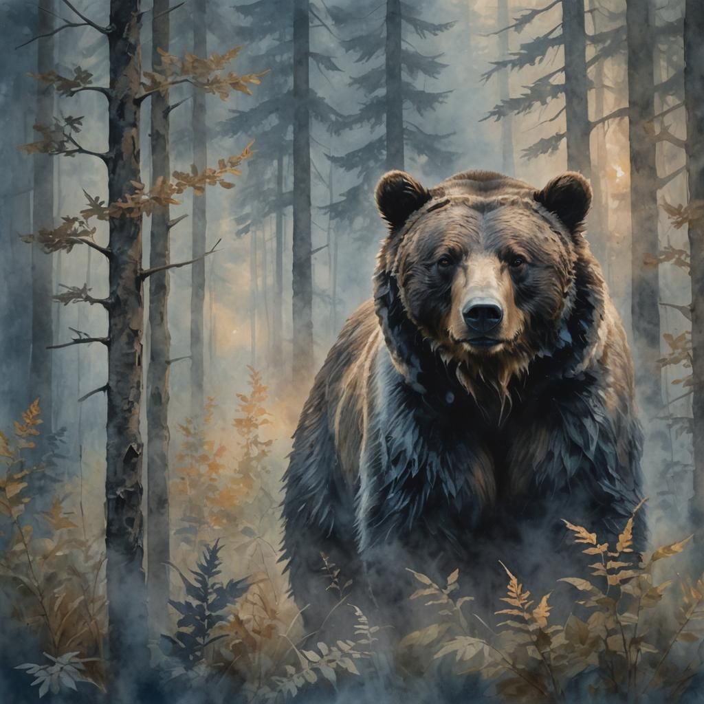Majestic Bear Emerges from Misty Forest: Impasto Painting