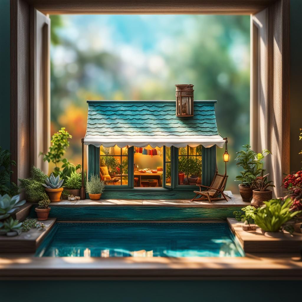 Hyperrealistic Miniature Garden Scene on Window Shelf