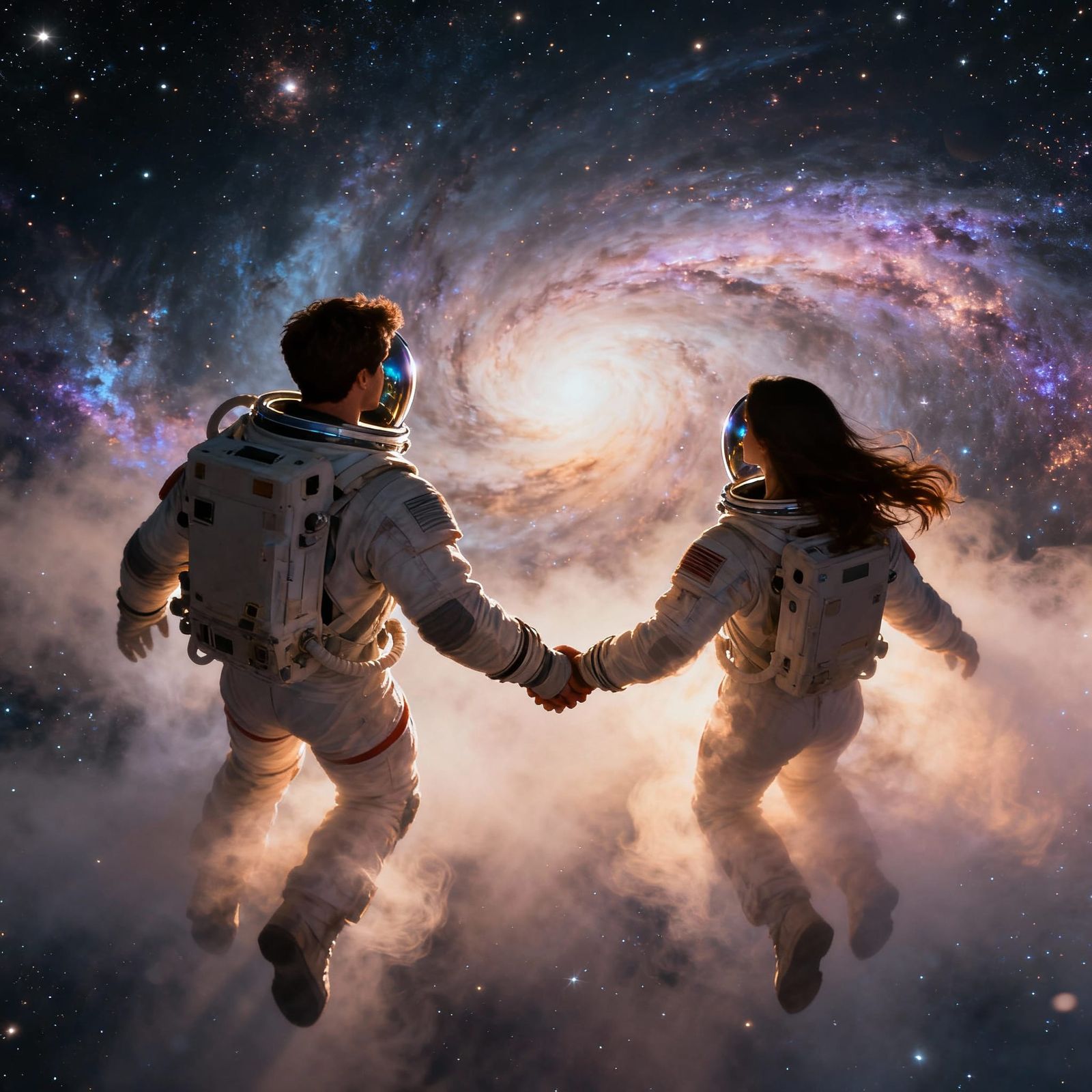 Astronauts Gazing at Shimmering Nebula in Ethereal Space