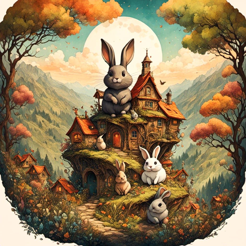 Rabbits on a Hilltop in Romantic Watercolor Style
